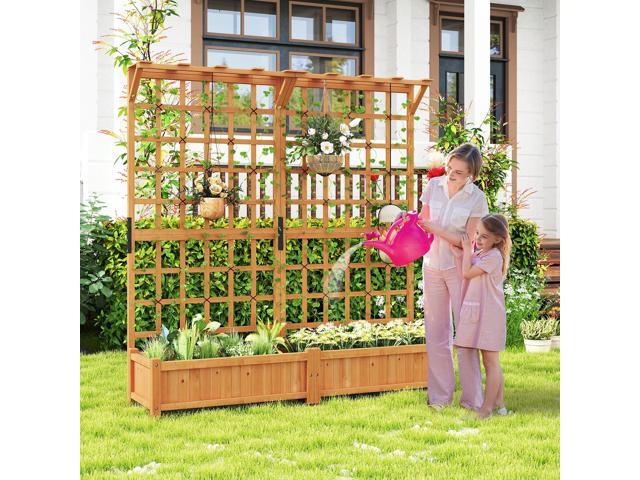 SlickBlue 71 Inches Large Wooden Planter Container with Trellis and Hanging Roof