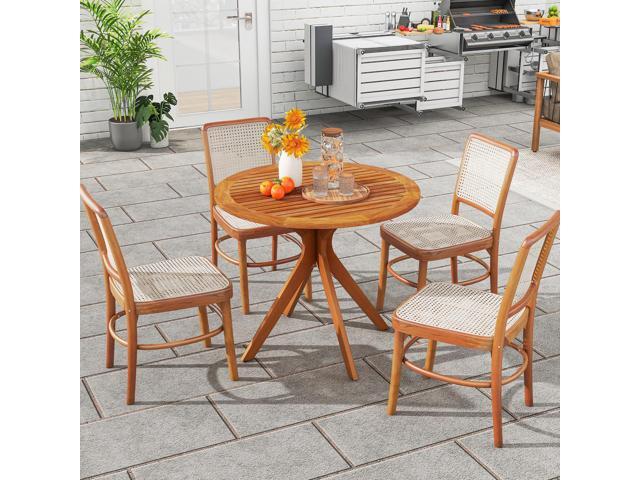 SlickBlue 35.5 Inch Patio Wood Dining Table with Slatted Tabletop and Curved Legs