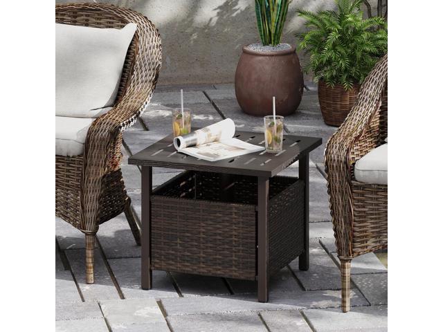 SlickBlue Outdoor Side Table All-Weather PE Wicker Patio Table with Umbrella Hole-Brown