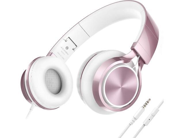 AILIHEN Kids Headphones for School with Mic Wired, 3.5mm Jack, Rose Gold On-Ear Headsets with Microphone for Chromebook Laptop Computer, Foldable...