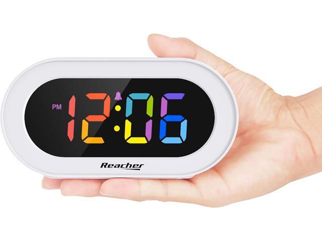 REACHER Small Colorful LED Digital Alarm Clock with Snooze, Simple to Operate, Full Range Brightness Dimmer, Adjustable Alarm Volume, Outlet...