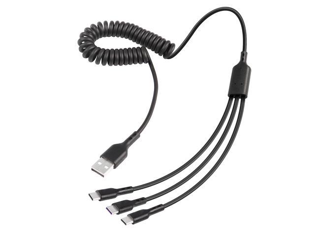 R Multi USB C Splitter Cable, USB C Spiral Coiled Cable, USB A to 3 USB Type C Data Sync Charging Cord, for USB C Devices, Stretch to 1.3M(Black)
