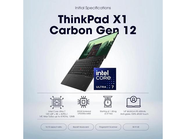 Lenovo Gen 12 ThinkPad x1 Carbon Laptop (Intel Ultra 7 165U vPro, 14' WUXGA Touch, 32GB LPDR5X-6400mhz, 2TB SSD) AI-Ready PC, Backlit, USB-C, 1080P...