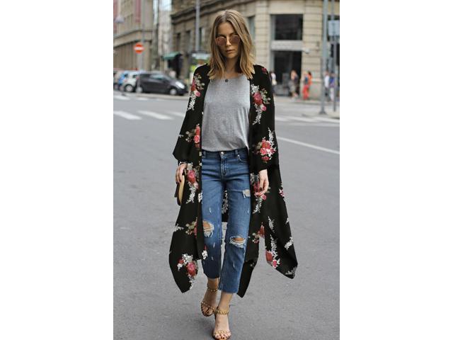 Women's Print Sheer Flowy Summer Chiffon Loose Casual Kimono Cardigan Cape Cover Up - LPD8758