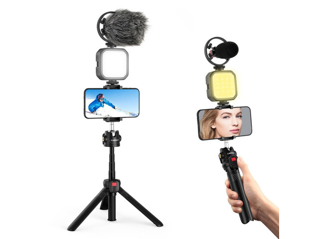 CAMOLO Photography Kits Microphone Fill Light Lamp Phone Clip Tripod with Ballhead Wireless Bluetooth Remote Control for Vlog