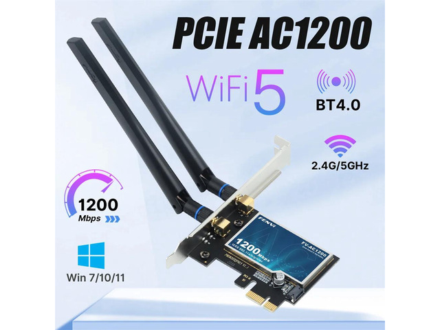 WiFi5 AC1200 PCI-E Adapter, BT4.0, 802.11AC, Dual Band, for Win 7/8/10/11 Desktop PC