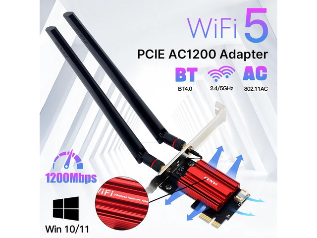 AC1200 PCIE Adapter, WiFi 5 1200M, BT4.0, 802.11AC, Dual Band 2.4G/5GHz, for Win7/10/11 Desktop