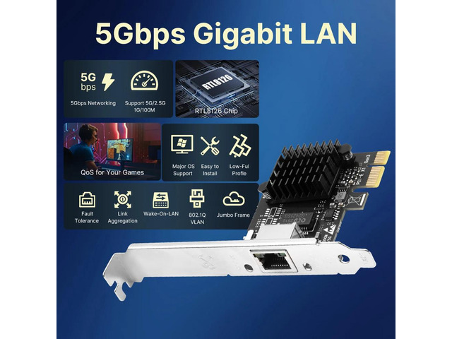 5Gbps PCIE to RJ45 Adapter, RTL8126, 5000Mbps Gigabit Ethernet, for Desktop