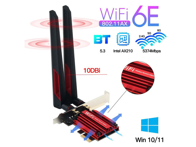 WiFi 6E 5374Mbps AX210 PCIE Adapter, BT5.3, 802.11AX, 10dbi Antenna, for Win10/1