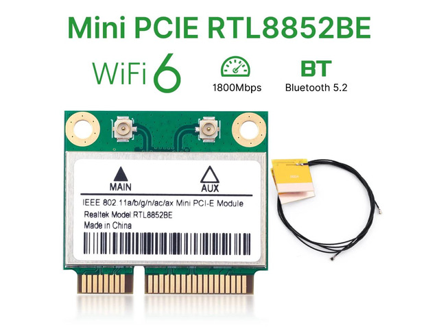 Mini PCIE WiFi 6 RTL8852BE, 1800Mbps, BT5.2, 802.11AX, 2.4G/5GHz, for Win10/11 Laptop