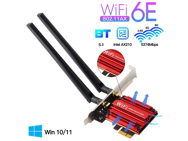 WiFi 6E 5400Mbps PCIe Adapter, AX210, AXE3000, BT5.3, 2.4/5/6GHz, 802.11ax, for Win10/11