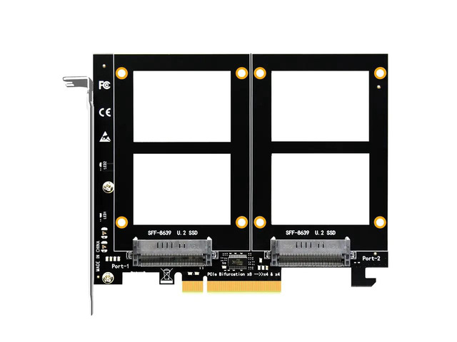 2-slot U.2 PCIe Adapter for 2 U.2 SSD, No Bifurcation