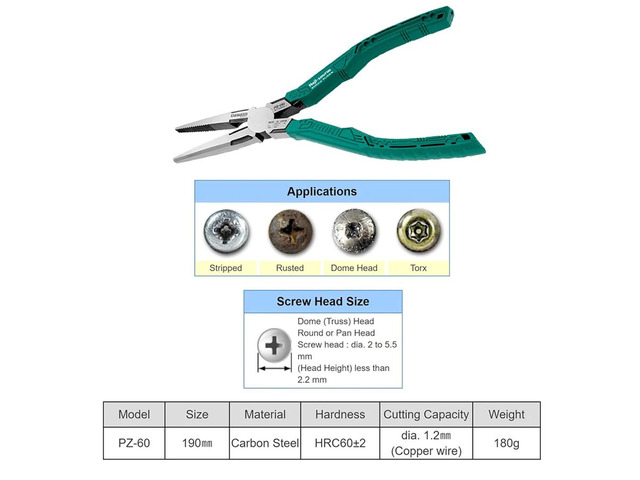 PZ-60 Screw Removal Pliers with Wire Cutter 193mm Long Nose Pliers with Screw Ex