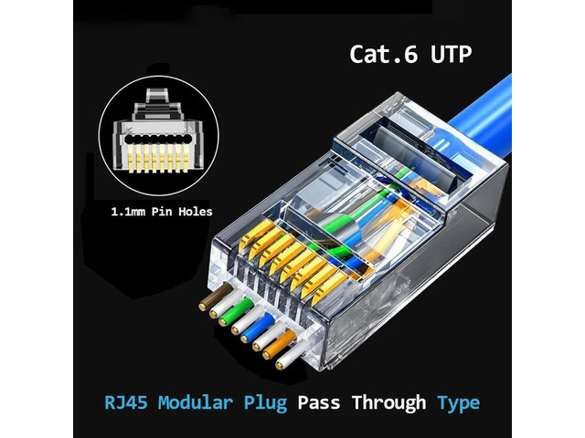 50PCS RJ45 Cat5e Cat6 Connectors - Pass Through Connector 30 Gold Plated 3 Prong