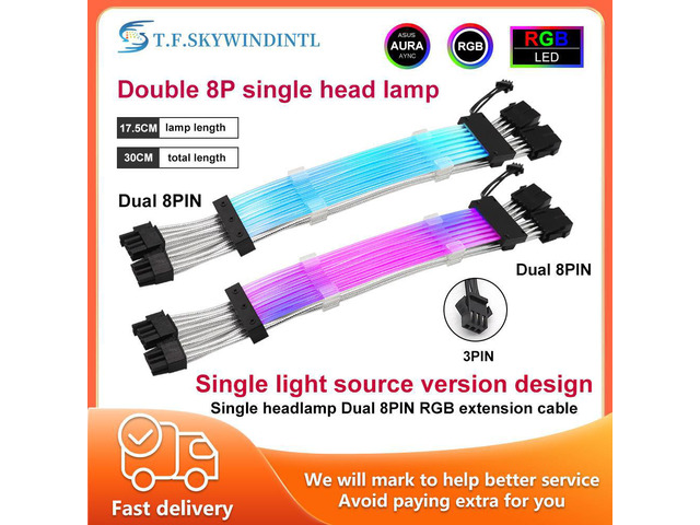 Single Head Lamp (6+2) Dual 8pin RGB Mesh Extension Cable For 3Pin 8Pin PC Case Power Graphics Card Extension Cable