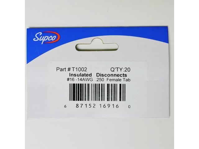 Supco T1002 Insulated Female Slip On Electrical Terminal Connector Pack of 20 for 16-14 Wire