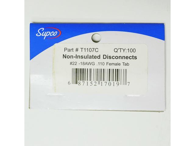 Supco T1107C Non-Insulated Female Slip On Electrical Terminal Connector Pack of 100 for 22-18 Wire