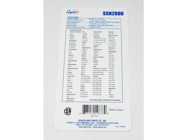 SUPCO SSN2000 Hot Surface igniter, LP/NG, 120, 3 1/4 in L., 1 PK