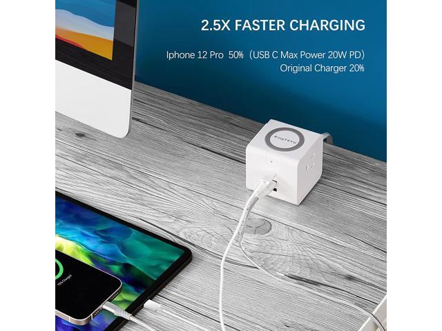 USB C Power Strip with PD 20W, Surge Protector with 15W Wireless Charger Power Delivery Fast Charging Station for Office Travel Home, 1 USB-PD Port...
