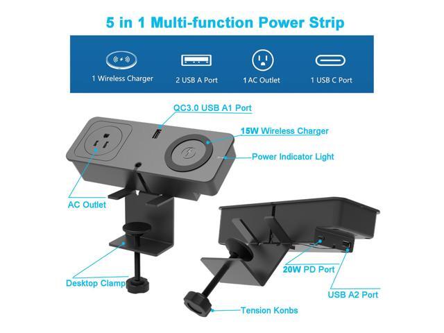 Desk Clamp Power Strip Surge With 20W USB C Port 15W Wireless Charger, Removable Desktop Mount Charger Power Station Surge Protector 2 USB AC...