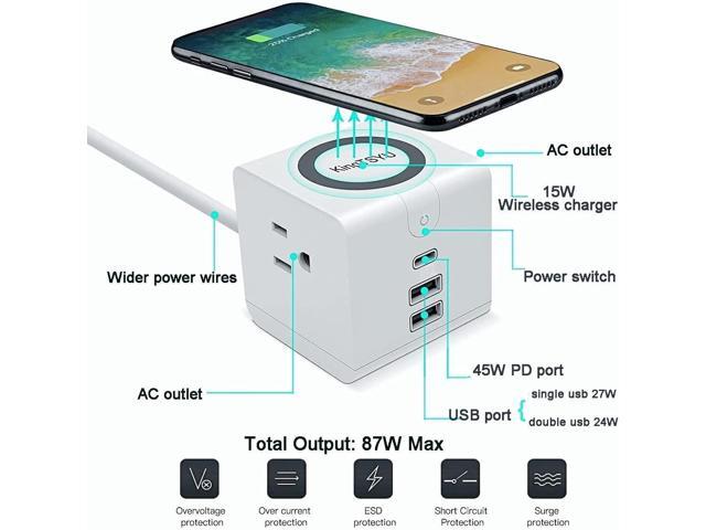 PD Power Strip Tower With 45W USB C Wireless Charger Station, Surge Protector Flat Plug With USB Port For Laptop Lenovo Macbook Pro, 15W Phone...