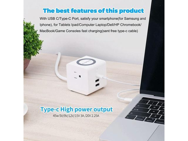 PD Power Strip Tower With 45W USB C Wireless Charger Station, Surge Protector Flat Plug With USB Port For Laptop Lenovo Macbook Pro, 15W Phone...