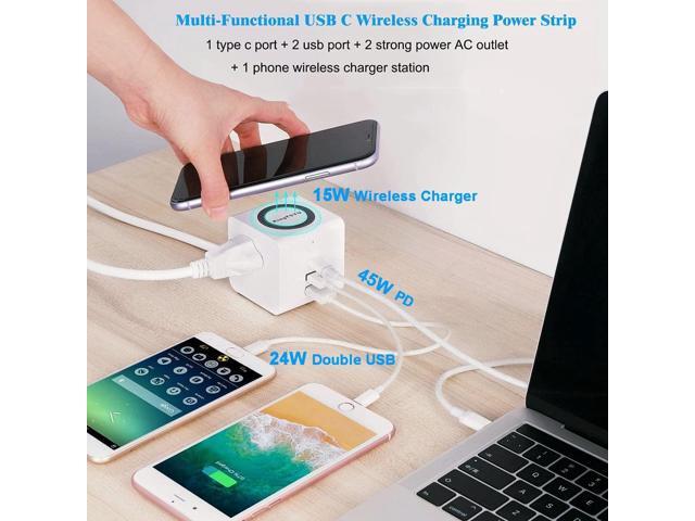 PD Power Strip Tower With 45W USB C Wireless Charger Station, Surge Protector Flat Plug With USB Port For Laptop Lenovo Macbook Pro, 15W Phone...