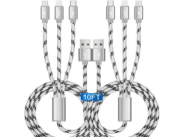 10Ft Multi Charging Cable 3A, 2Pack Braided Fast Charging 3-in-1 Multiple Charger Cable with IP/Micro USB/Type C Adapter Port for Cell...