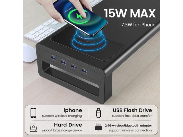 Vaydeer Wireless Charging and USB 3.0 Monitor Stand, Monitor Riser for Desk with Storage, Single Shelf Holder Raiser Organizer for Computer iMac...