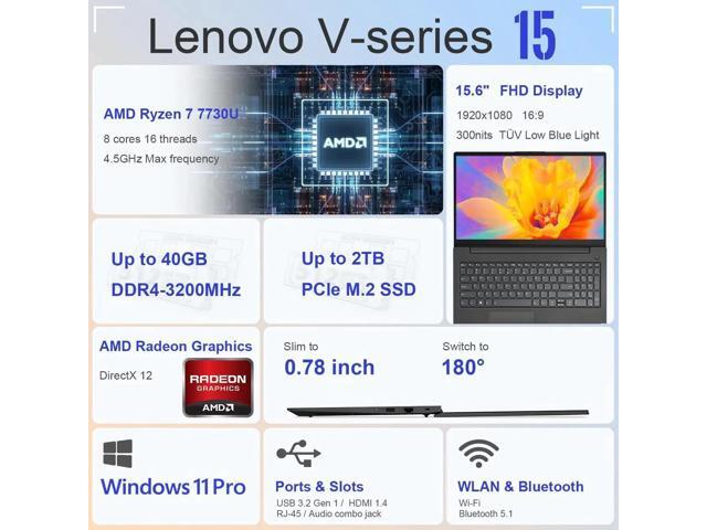 Lenovo V15 Business Laptop,15.6' FHD(1920x1080) Display,AMD Ryzen 7 7730U,12 GB RAM,1 TB PCIe SSD,Numeric Keypad,Webcam,Wi-Fi,Win 11 Pro