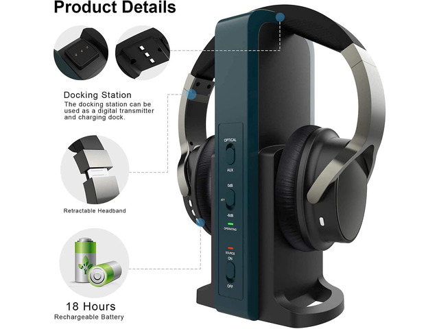 Wireless Headphones for TV Watching with 2.4G Digital RF Transmitter Charging Dock, Hi-Fi Over-Ear Cordless Headset with Optical/RCA/3.5MM Ports,...