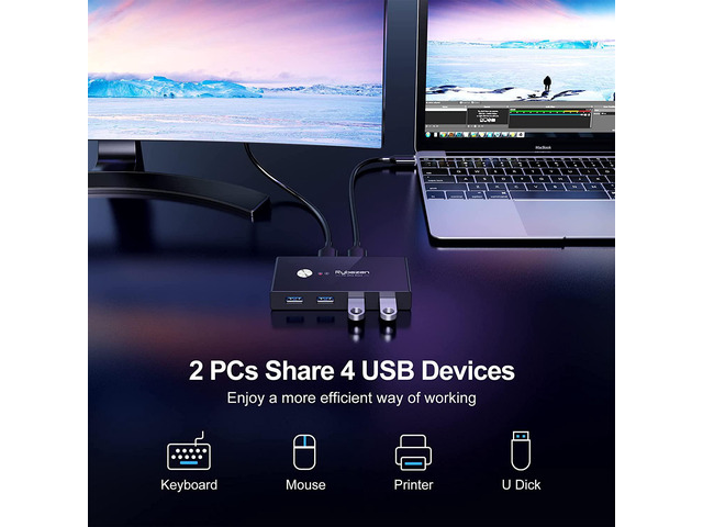 USB 3.0 Switch Selector, KM Switch Adapter 4 Port 2 Computers, USB Peripheral Switcher Box Hub for Mouse Keyboard Scanner Printer PC, with One...