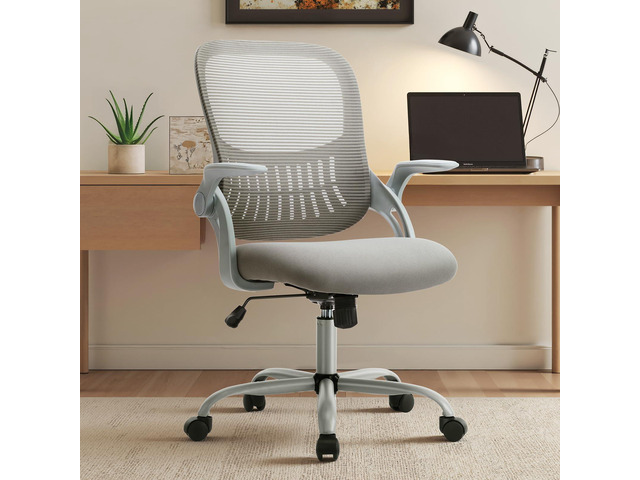 Home Office Chair, Mesh Office Chair, Lumbar Support, Grey Adjustable Height, 360° Swivel Wheels, Mid-Back, Comfy Flip-up Arms for Small Space,...