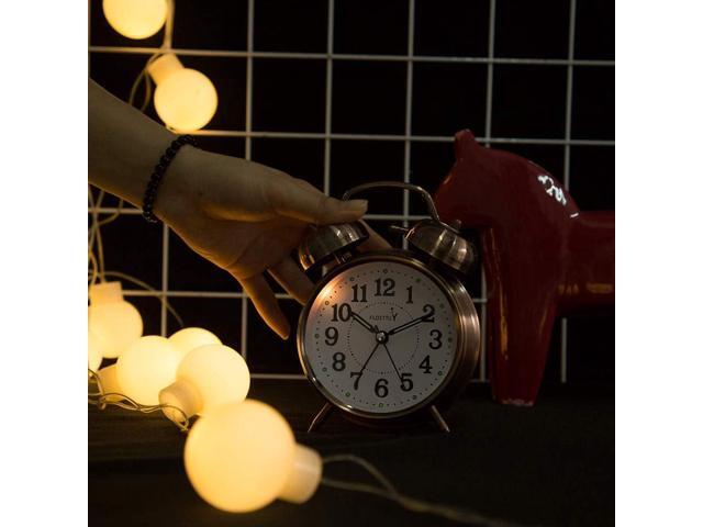 {Loud Alarm for Deep Sleepers) 4'' Twin Bell Alarm Clock with Backlight for Bedroom and Home Decoration(Red-Brown)