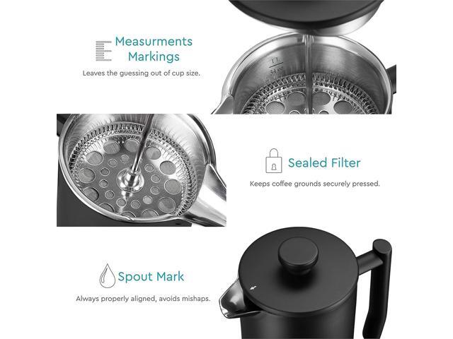 French Press Coffee Maker 34 Oz - Insulated Coffee Press Stainless Steel 304 - Double Wall & 4 Level Filtration System (1 Liter) - Black