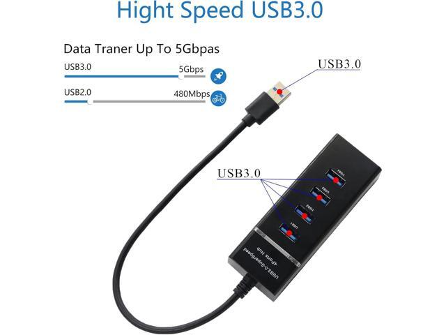 QIANRENON 4-Port USB 3.0 Hub Splitter 5Gbps USB Data Hub 4 in 1 with LED Indication for Windows PC, Mac, Surface Pro,Laptop, Printer,30cm,Black