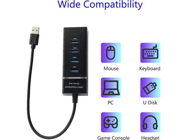 QIANRENON 4-Port USB 3.0 Hub Splitter 5Gbps USB Data Hub 4 in 1 with LED Indication for Windows PC, Mac, Surface Pro,Laptop, Printer,30cm,Black