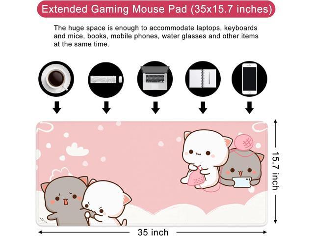 Pink Large Gaming Mouse Pad Kawaii Desk Pad XXL Cute Cat Mouse Mat 35x15.7x0.12 inch Desk Accessories (Pink Cat -2)