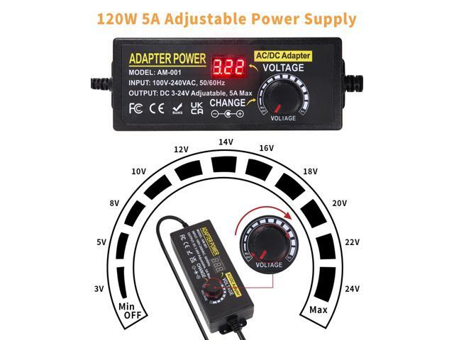 3V~24V 120W 5A Adjustable DC Power Supply AOYADAISU Universal Power Adapter with 14 Tips & Polarity Converter, 100-240V 50-60Hz Variable AC to DC...