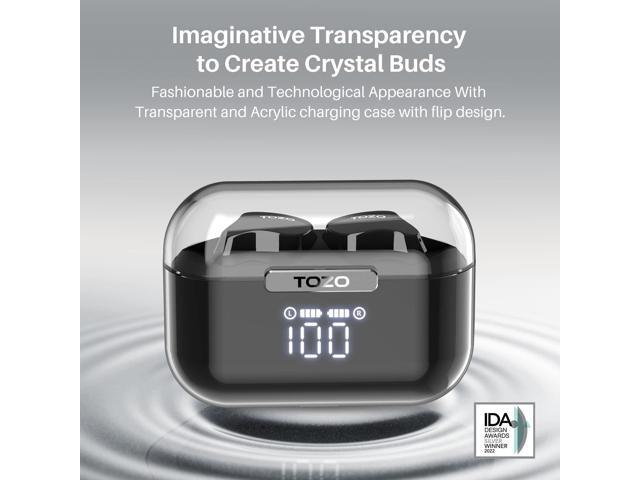 TOZO Crystal Buds Bluetooth 5.3 Wireless Earbuds IPX8 Waterproof In-Ear Headphones Call Noise Reduction Earphones with LED Display Charger Case, Black