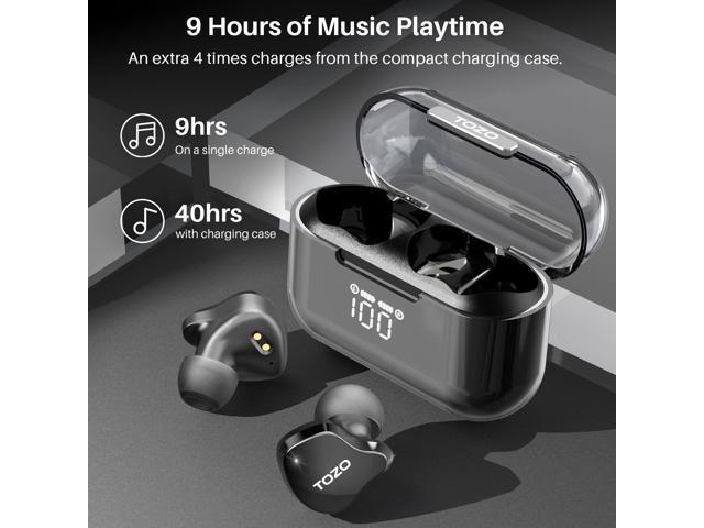 TOZO Crystal Buds Bluetooth 5.3 Wireless Earbuds IPX8 Waterproof In-Ear Headphones Call Noise Reduction Earphones with LED Display Charger Case, Black