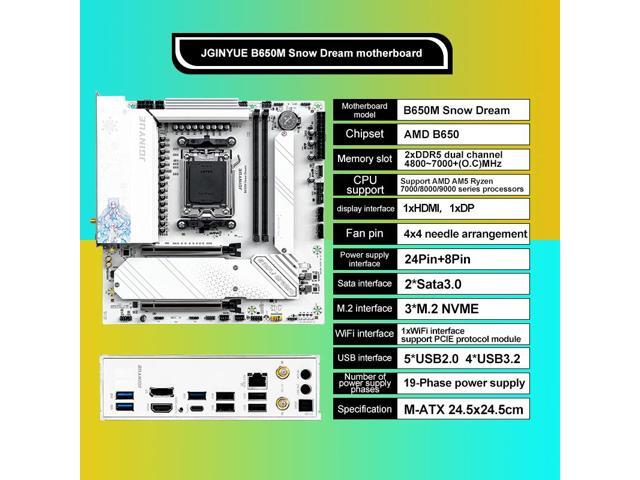 JGINYUE B650M Snow Dream AM5 Motherboard Micro-ATX Supports AMD Ryzen 9000/8000/7000 Series Processors 2x DDR5 Memory 96G Boost 9000+MHz/OC, 1 x...
