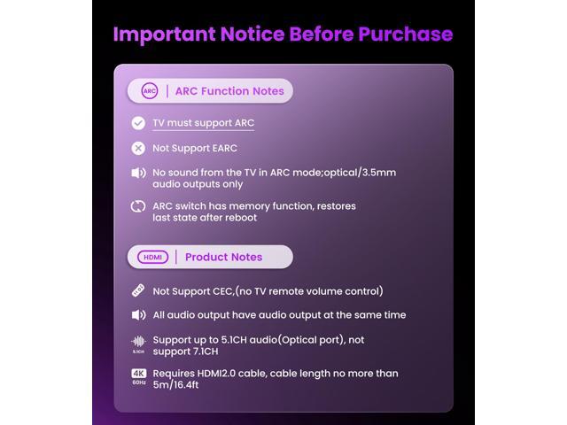 BUCIER HDMI ARC Audio Extractor Converter 4K@60Hz, HDMI to Optical Toslink SPDIF + 3.5mm AUX Jack Stereo Audio Adapter Converter Splitter Inserter...