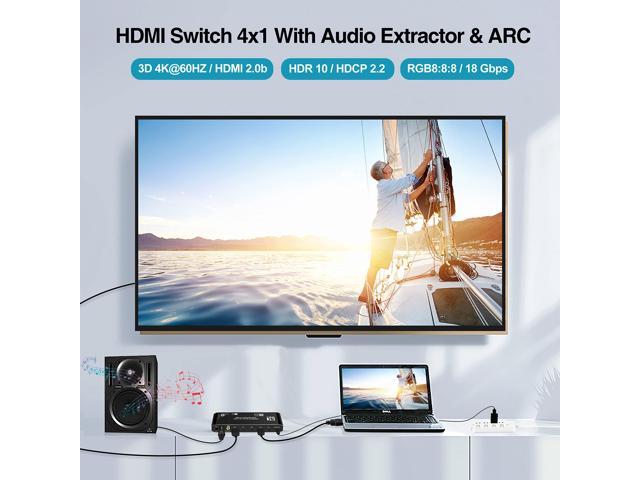 BUCIER 4K@60Hz 4x1 HDMI Switch Audio Extractor with Optical Toslink SPDIF/Coaxial/3.5mm Audio Out, 4 Ports HDMI 2.0b Switcher with Remote Control...