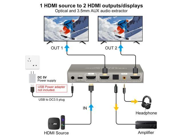 BUCIER HDMI Splitter Audio Extractor 4K60Hz 1 in 2 Out with Optical and 3.5mm for Dual Monitors Duplicate or Mirror Only Supports HDMI 2.0 18G HDR...