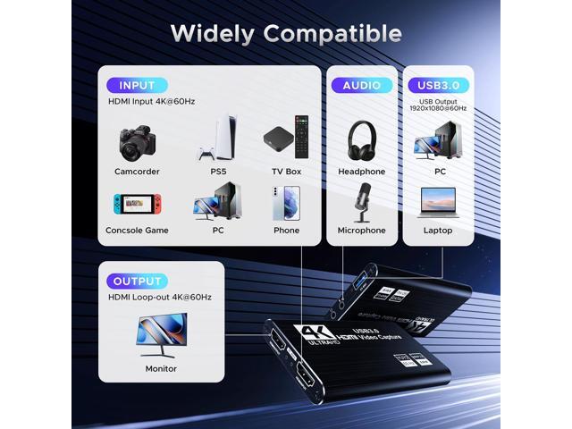 KEHIPI Video Capture Card, USB 3.0 Capture Card 4K HDMI Loop-Out, 1080P 60FPS/2K 30FPS Video Game Capture for Works for PS5/Camera/PC