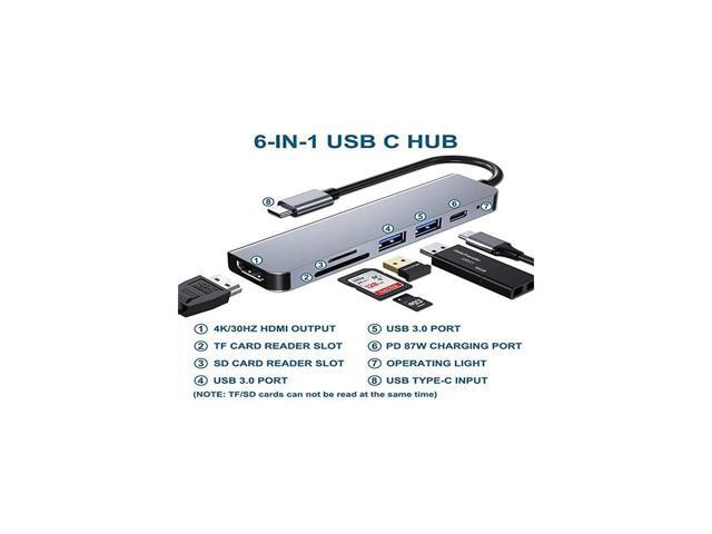 6 Ports USB C Hub Adapter, USB C Docking Station with HDMI 4k, USB 3.0, 87W Power Delivery, SD/TF Card Slots, for MacBook Series