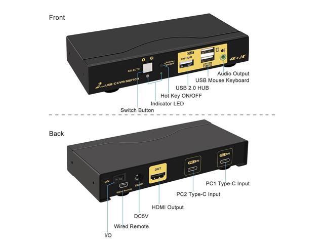 4K@60Hz 2 Port USB C KVM Switch with Audio, Dual Port USB-C KVM Switcher for 2 Computers/Mac/Mobile Sharing 1 Monitor, Keyboard and Mouse Support...