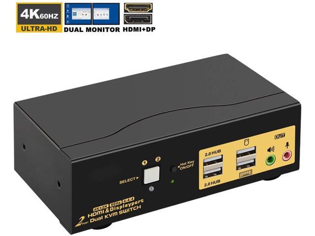 2 Port Dual Monitor KVM Switch HDMI + DisplayPort 4K 60Hz, 2x2 PC Monitor Keyboard Mouse Selector with Audio and 2 USB 2.0 HUB
