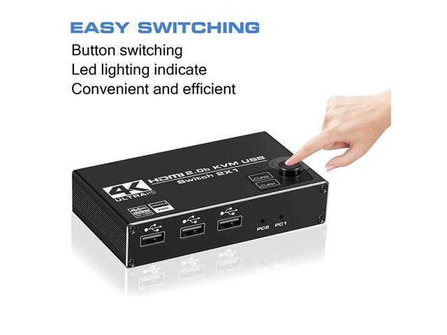 HDMI KVM Switch, 4K@60Hz 2x1 HDMI2.0 Ports + 3X USB KVM Ports, Share 2 Computers to one UHD Monitor, Support Wireless Keyboard and Mouse, USB Disk,...